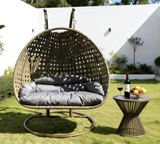 SWC260202 2 Seater Brown Wicker Hanging Egg Chair with Swivel Base & Grey Cushion – Patio Swing Lounge Set