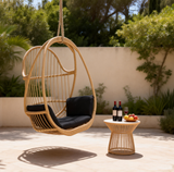 SWC261202 Natural Rattan Hanging Egg Chair with Cushion – Boho Patio Swing Lounge Chair Set with Side Table