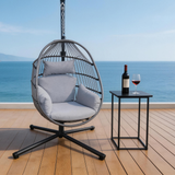 SWC2624 Dark Grey Rope Hanging Egg Chair with Stand & Grey Cushion – Coastal Patio Swing Lounge Chair Set