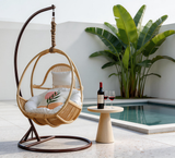 SWC2663 Single Seat Natural Rattan Round Hanging Egg Chair with Stand & Graphic Print Cushion – Poolside Modern Patio Swing Lounge Chair Set