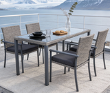WLSF2504 Light Grey Rattan & Dark Grey Metal Frame Outdoor Dining Set with 4 Chairs & Glass Tabletop – Reykjavik Iceland Lake Terrace Nordic Luxury Outdoor Furniture Set