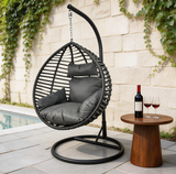 SWC2632 Black Wicker Hanging Egg Chair with Stand & Grey Cushion – Poolside Patio Swing Lounge Chair Set