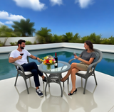 BST2501 Grey Woven Rattan & White Cushions Tropical Poolside Luxury Outdoor 2-Piece Bistro Set – Glass Round Table