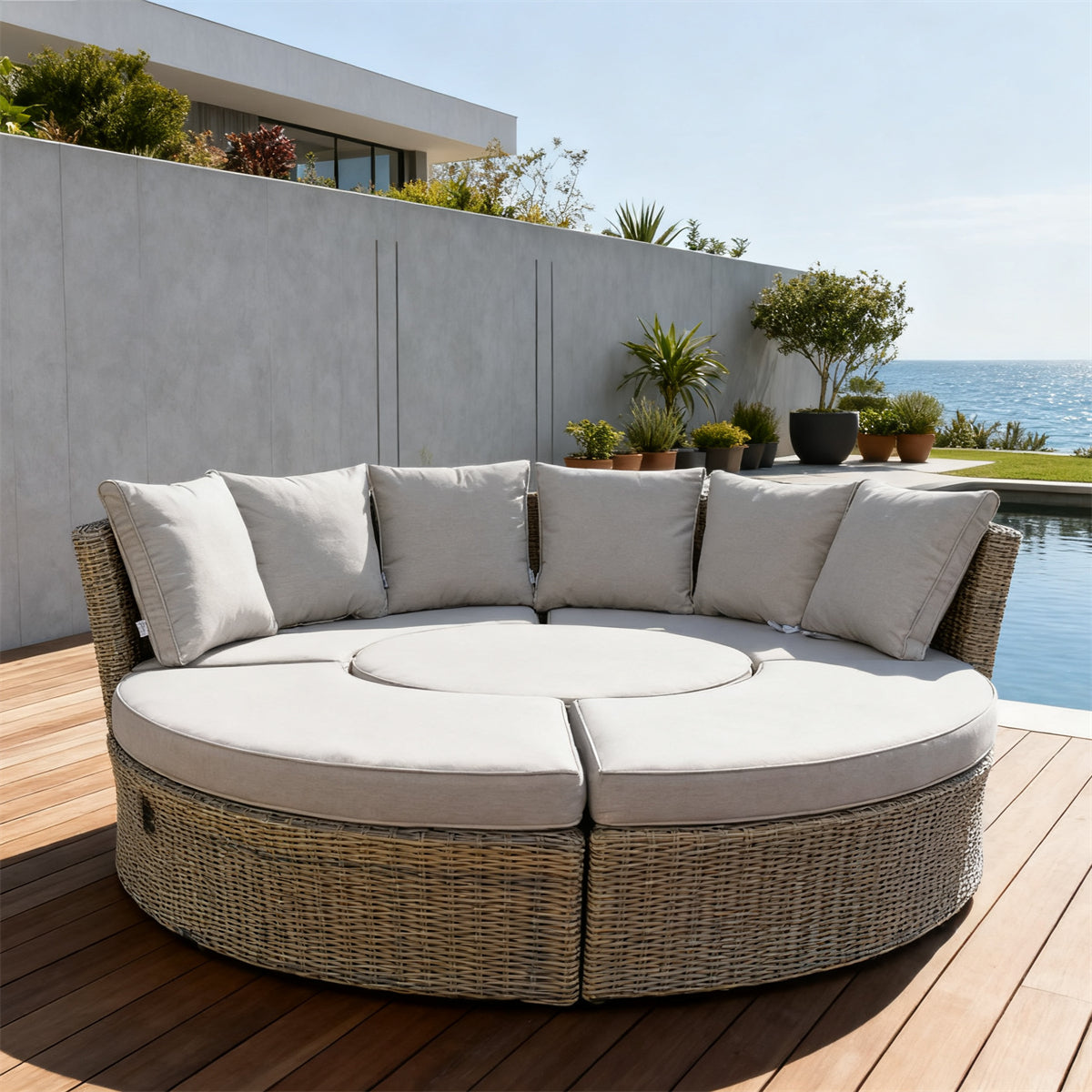 Natural Rattan Round Outdoor Lounge Sofa with Central Cushioned Table – Stylish Patio Furniture