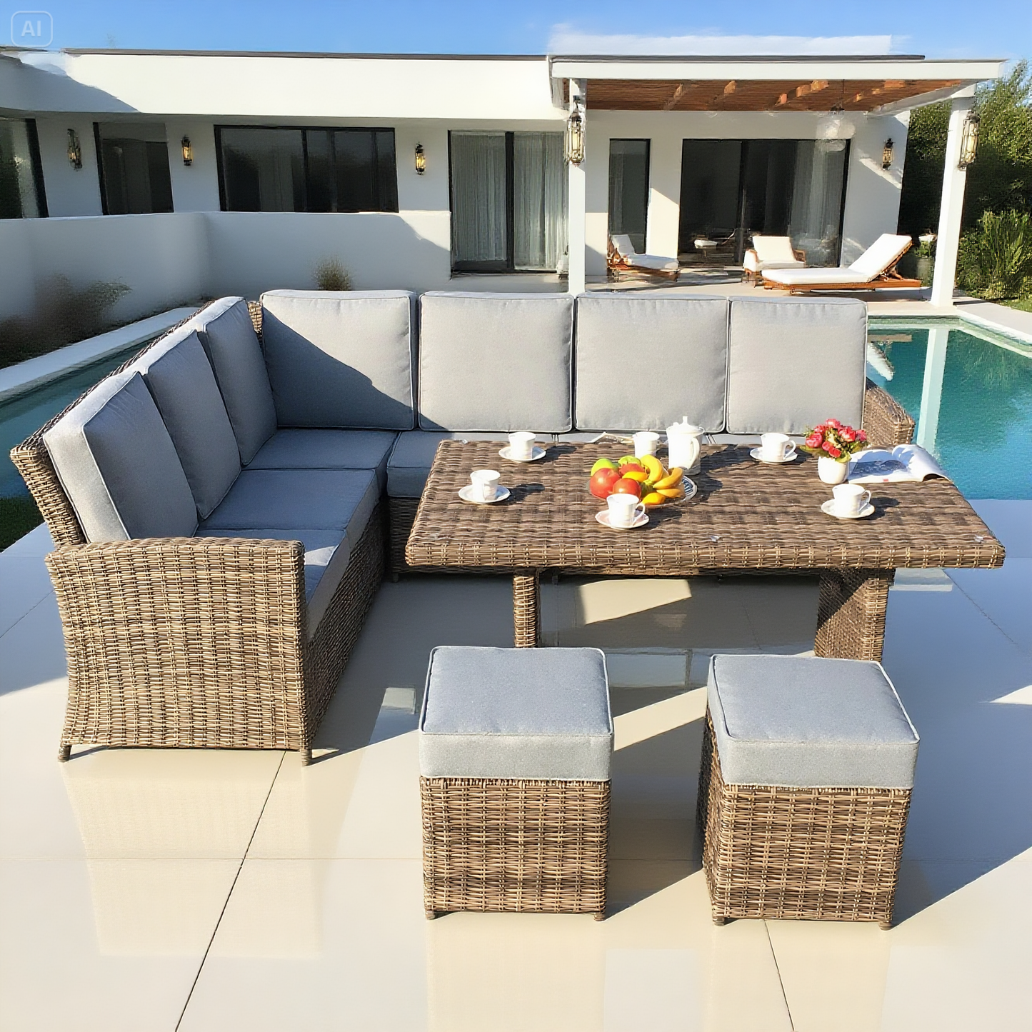 Brown Wicker L - Shaped Outdoor Dining & Lounge Set with Ottomans – Stylish Patio Furniture