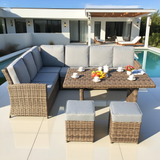 SFTZ2525 Brown Wicker L - Shaped Outdoor Dining & Lounge Set with Ottomans – Stylish Patio Furniture