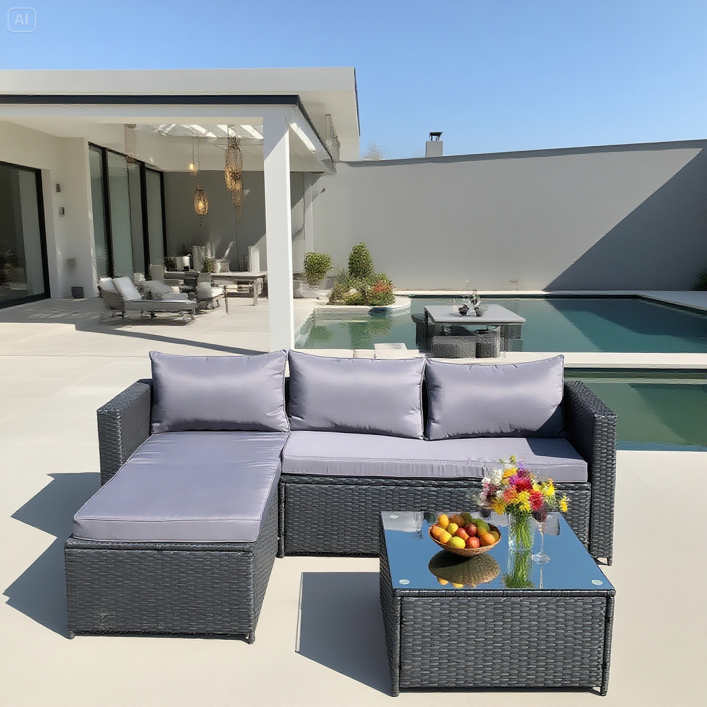 Dark Brown Wicker L - Shaped Outdoor Sectional Set with Glass Coffee Table – Stylish Patio Lounge Furniture