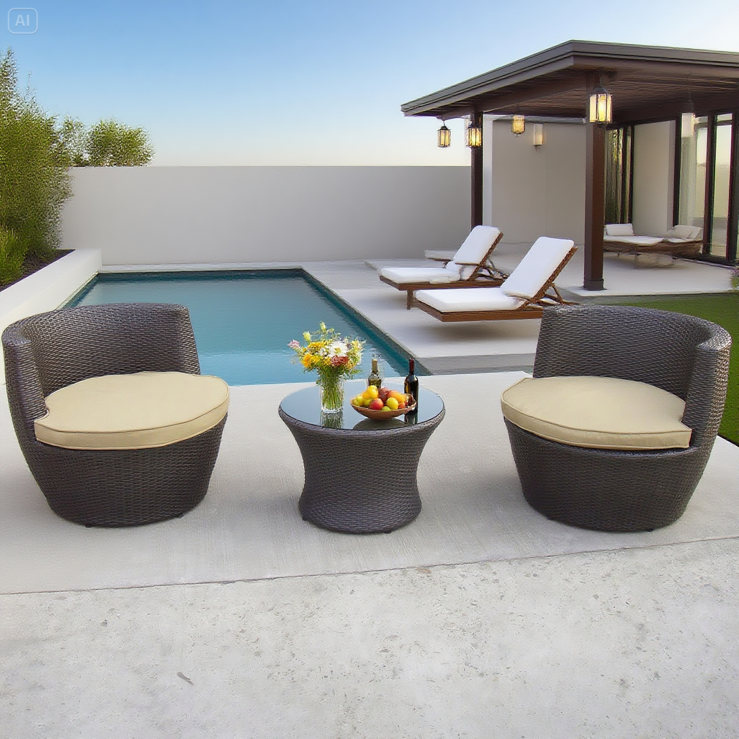 Dark Brown Wicker Patio Conversation Set with Round Glass Table – Stylish Outdoor Lounge Furniture