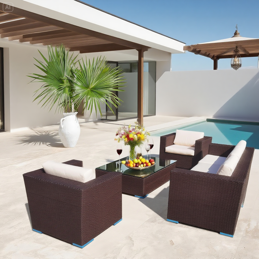 Dark Brown Wicker Patio Conversation Set with Glass Coffee Table – Stylish Outdoor Lounge Furniture