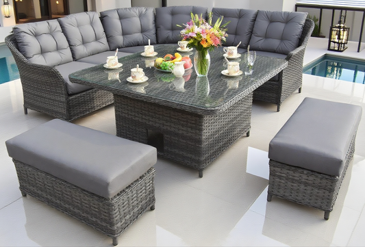 Dark Grey Wicker L - Shaped Outdoor Dining & Lounge Set with Glass Dining Table & Ottomans – Stylish Patio Furniture