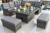 SFTZ2512 Dark Grey Wicker L - Shaped Outdoor Dining & Lounge Set with Glass Dining Table & Ottomans – Stylish Patio Furniture