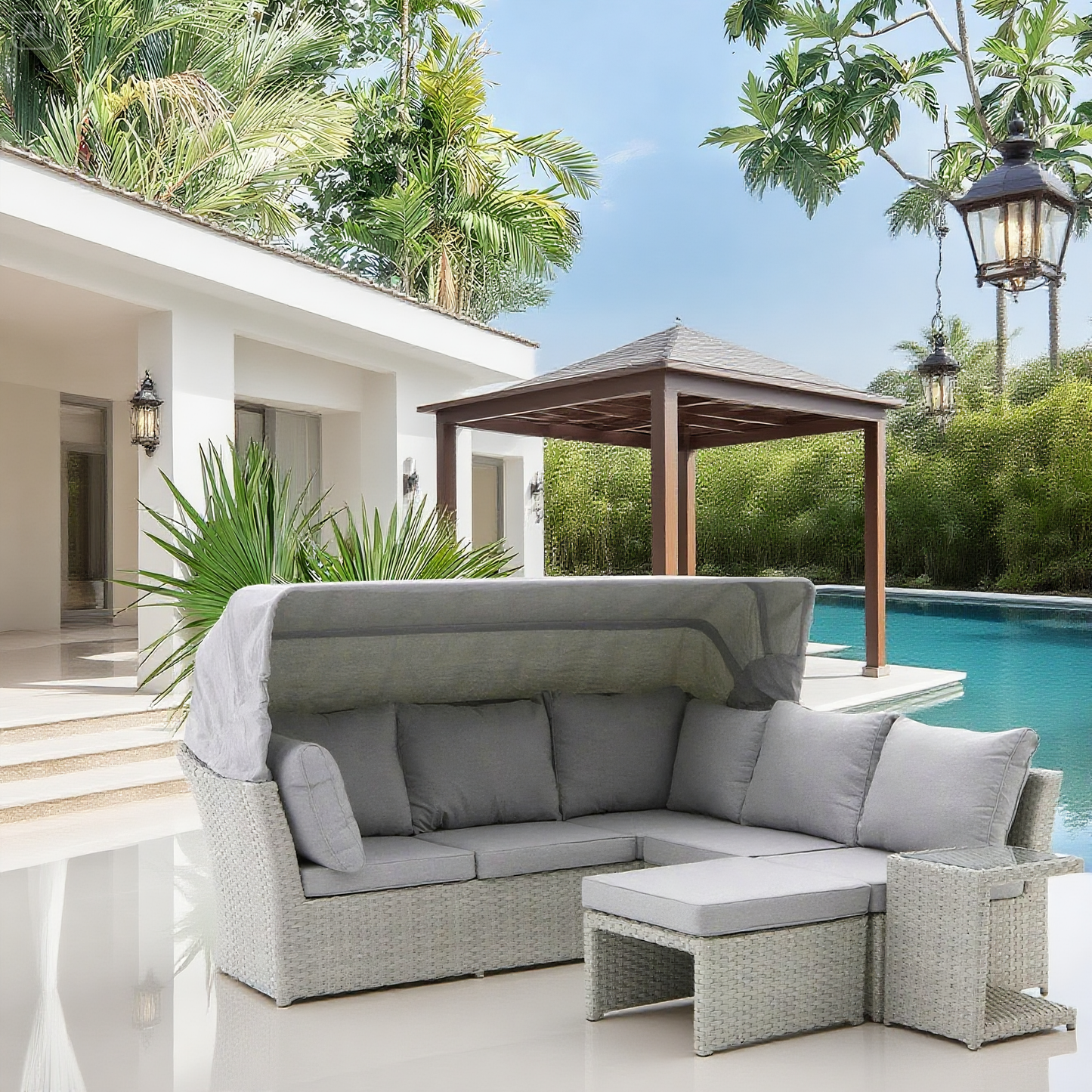 Light Grey Wicker L - Shaped Outdoor Sectional with Canopy, Ottoman & Side Table – Stylish Patio Lounge Furniture