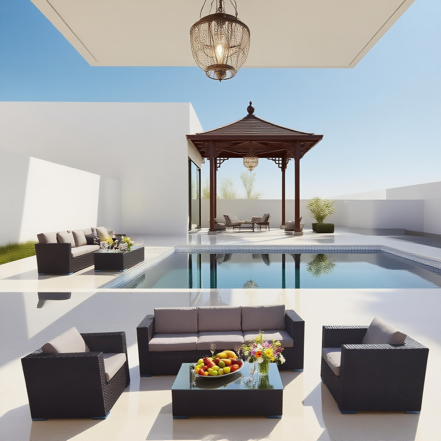 Dark Brown Wicker Patio Conversation Set with Glass Coffee Table – Stylish Outdoor Lounge Furniture