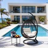 SWC2608 Brown Wicker Hanging Egg Chair with Stand & Cushion – Coastal Patio Swing Lounge Chair Set with Side Table