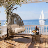 SWC2604 2 Seater Black Wicker Hanging Egg Chair with Stand & Colorful Cushion – Patio Swing Lounge Set with Side Table