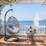 SWC2605 Grey Wicker Hanging Egg Chair with Stand & Cushion – Coastal Patio Swing Lounge Set with Side Table