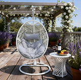 SWC2605 Grey Wicker Hanging Egg Chair with Stand & Cushion – Coastal Patio Swing Lounge Set with Side Table