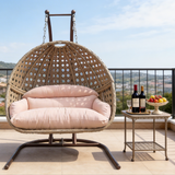 SWC2604 2 Seater Black Wicker Hanging Egg Chair with Stand & Colorful Cushion – Patio Swing Lounge Set with Side Table