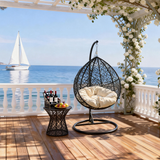 SWC2609 Black Wicker Hanging Egg Chair with Stand & Cushion – Coastal Patio Swing Lounge Chair Set with Side Table