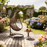 SWC2610 Brown Wicker Hanging Egg Chair with Stand & Cushion – Boho Patio Swing Lounge Chair Set with Side Table