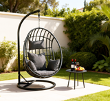 SWC2614 Black Metal Frame Hanging Egg Chair with Stand & Cushion – Modern Patio Swing Lounge Chair Set
