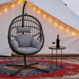 SWC2620 Black Wicker Hanging Egg Chair with Stand & Grey Cushion – Patio Swing Lounge Chair Set with Storage Side Table