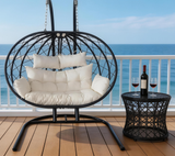 SWC2616 2 Seater Black Wicker Hanging Egg Chair with Stand & Cushion – Coastal Patio Swing Lounge Set with Side Table