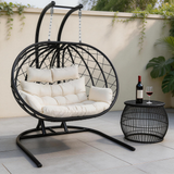 SWC2616 2 Seater Black Wicker Hanging Egg Chair with Stand & Cushion – Coastal Patio Swing Lounge Set with Side Table