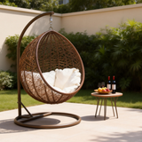 SWC2610 Brown Wicker Hanging Egg Chair with Stand & Cushion – Boho Patio Swing Lounge Chair Set with Side Table