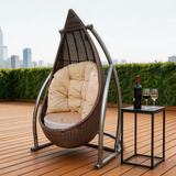 SWC262201 Brown Wicker Hanging Egg Chair with Stand & Beige Cushion – Modern Patio Swing Lounge Chair Set