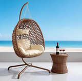 SWC2650 Single Seat Natural Brown Wicker Hanging Egg Chair with Stand & Beige Cushion – Coastal Beach Patio Swing Lounge Chair Set