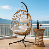 SWC2636 Natural Brown Rattan Hanging Egg Chair with Stand & Beige Cushion – Zen Mountain Balcony Swing Lounge Chair Set