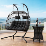 SWC2638 2 Seater Black Wicker Hanging Egg Chair with Stand & Cushion – Mountain View Patio Double Swing Lounge Chair Set