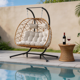 SWC2639 2 Seater Natural Brown Rattan Hanging Egg Chair with Stand & Cushion – Zen Bamboo Forest Patio Double Swing Lounge Chair Set