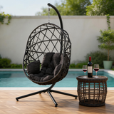 SWC2635 Dark Black Wicker Hanging Egg Chair with Stand & Cushion – Mountain View Balcony Swing Lounge Chair Set