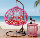 SWC2641 2 Seater White Wicker Hanging Egg Chair with Stand & Red Pattern Cushion – Coastal Beach Patio Double Swing Lounge Chair Set