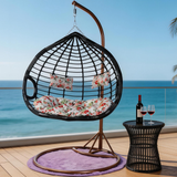 SWC2641 2 Seater White Wicker Hanging Egg Chair with Stand & Red Pattern Cushion – Coastal Beach Patio Double Swing Lounge Chair Set