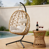 SWC2636 Natural Brown Rattan Hanging Egg Chair with Stand & Beige Cushion – Zen Mountain Balcony Swing Lounge Chair Set