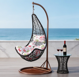 SWC2649 Single Seat Black Teardrop Wicker Hanging Egg Chair with Stand & Floral Cushion – Coastal Sea View Patio Swing Lounge Chair Set