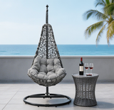 SWC2649 Single Seat Black Teardrop Wicker Hanging Egg Chair with Stand & Floral Cushion – Coastal Sea View Patio Swing Lounge Chair Set