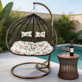 SWC2640 2 Seater Dark Brown Wicker Hanging Egg Chair with Stand & Floral Cushion – Poolside Patio Double Swing Lounge Chair Set