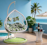 SWC2643 2 Seater Pink White Wicker Hanging Egg Chair with Stand & Floral Cushion – Coastal Beach Patio Double Swing Lounge Chair Set