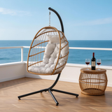 SWC263403 Natural Rattan Hanging Egg Chair with Stand & Beige Cushion – Coastal Balcony Swing Lounge Chair Set