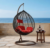 SWC2648 Single Seat Black Wicker Hanging Egg Chair with Stand & Red Cushion – Coastal Sea View Patio Swing Lounge Chair Set