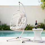SWC263402 White Wicker Hanging Egg Chair with Stand & Beige Cushion – Poolside Patio Swing Lounge Chair Set