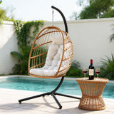 SWC263403 Natural Rattan Hanging Egg Chair with Stand & Beige Cushion – Coastal Balcony Swing Lounge Chair Set