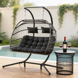 SWC2638 2 Seater Black Wicker Hanging Egg Chair with Stand & Cushion – Mountain View Patio Double Swing Lounge Chair Set