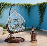 SWC2643 2 Seater Pink White Wicker Hanging Egg Chair with Stand & Floral Cushion – Coastal Beach Patio Double Swing Lounge Chair Set