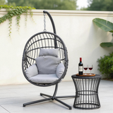 SWC2620 Black Wicker Hanging Egg Chair with Stand & Grey Cushion – Patio Swing Lounge Chair Set with Storage Side Table