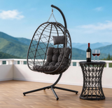 SWC2637 Black Geometric Wicker Hanging Egg Chair with Stand & Cushion – Poolside Patio Swing Lounge Chair Set